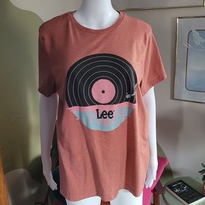 Lee Brand Pink Salmon Soft Turntable Record Sunset Design Graphic Tee - Size XL